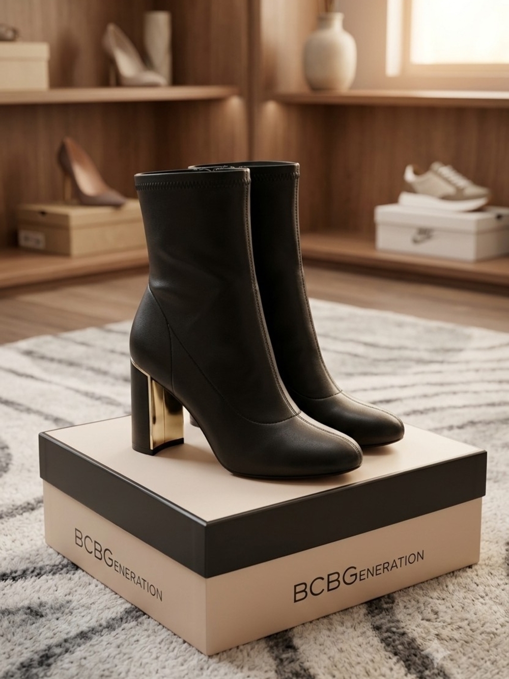BCBGeneration Sandra Black Gold Trim Block Heel Ankle Boots